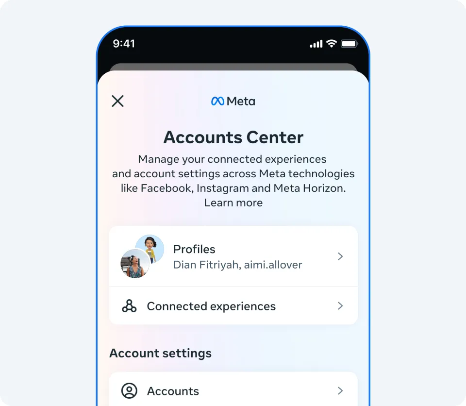 The Accounts Center home screen, with the Account settings section below Profiles and Connected experiences