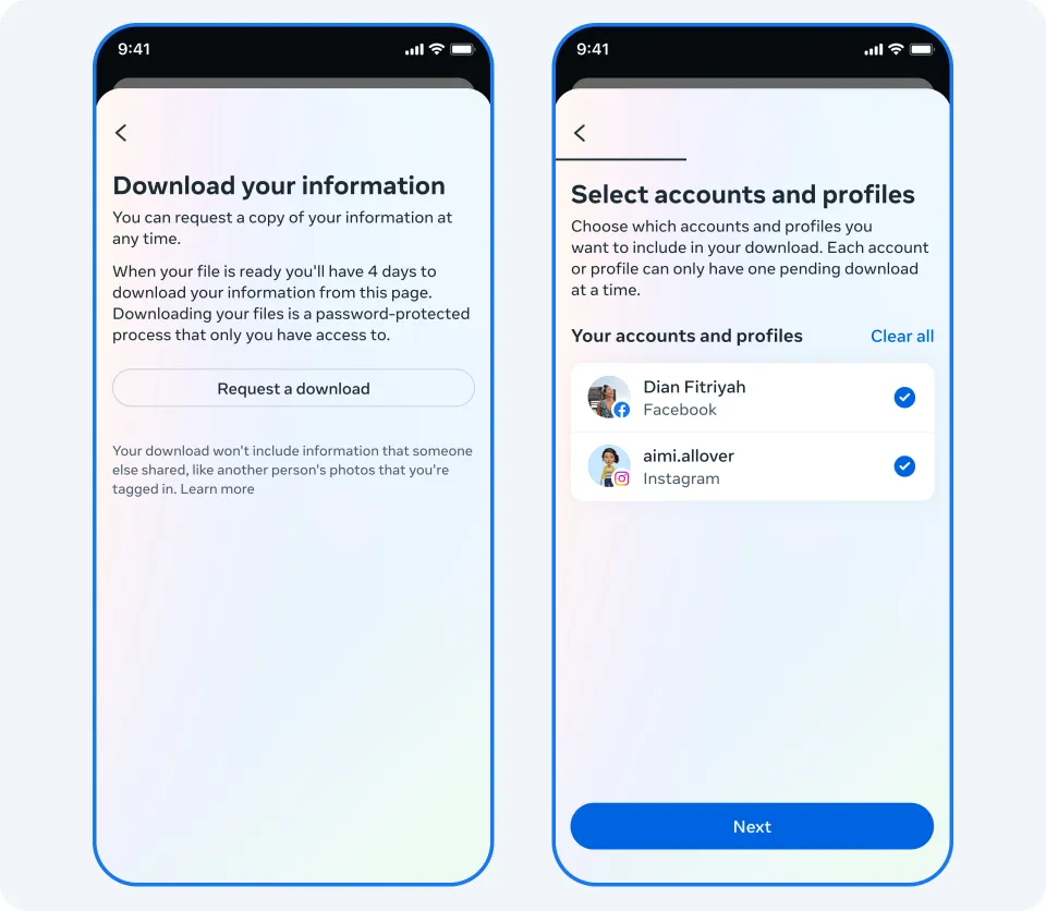 The Download your information screen with a Request a download button, and the Select accounts and profiles screen with a Facebook and an Instagram profile both selected